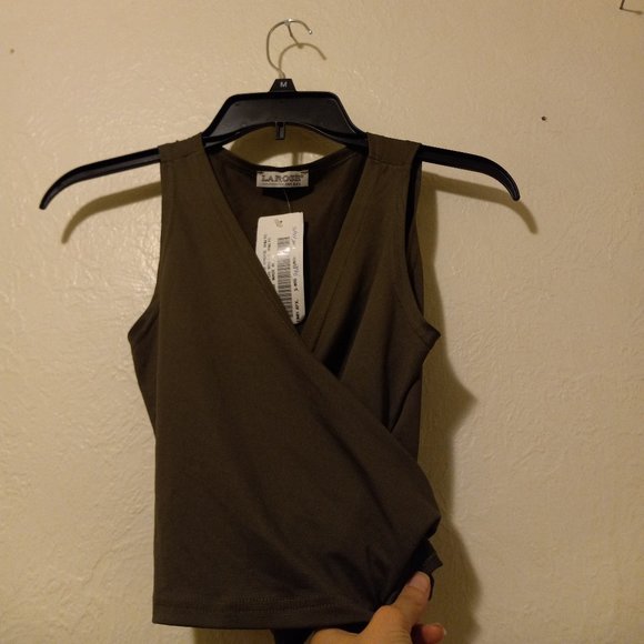 NWT Olive Green Cropped Jersey Wrap Top Y2K 90s One Size - Picture 2 of 12
